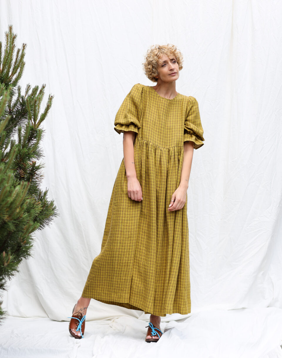 Puffy sleeves oversized checkered linen dress NINA - Image 1