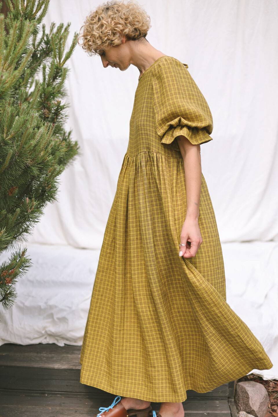 Puffy sleeves oversized checkered linen dress NINA | Dress | Sustainable clothing | OffOn clothing