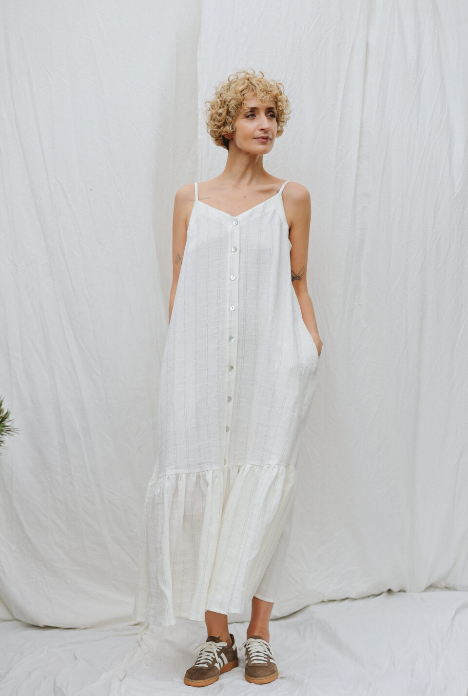 White Striped Adjustable Strap Dress with Ruffled Hem - Image 1