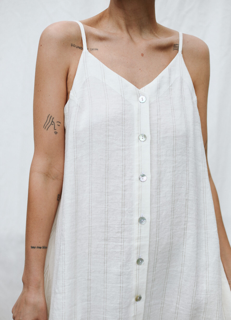 White Striped Adjustable Strap Dress with Ruffled Hem - Image 2