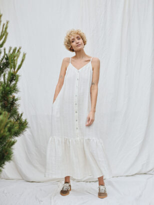 White Striped Adjustable Strap Dress with Ruffled Hem | Dress | Sustainable clothing | OffOn clothing