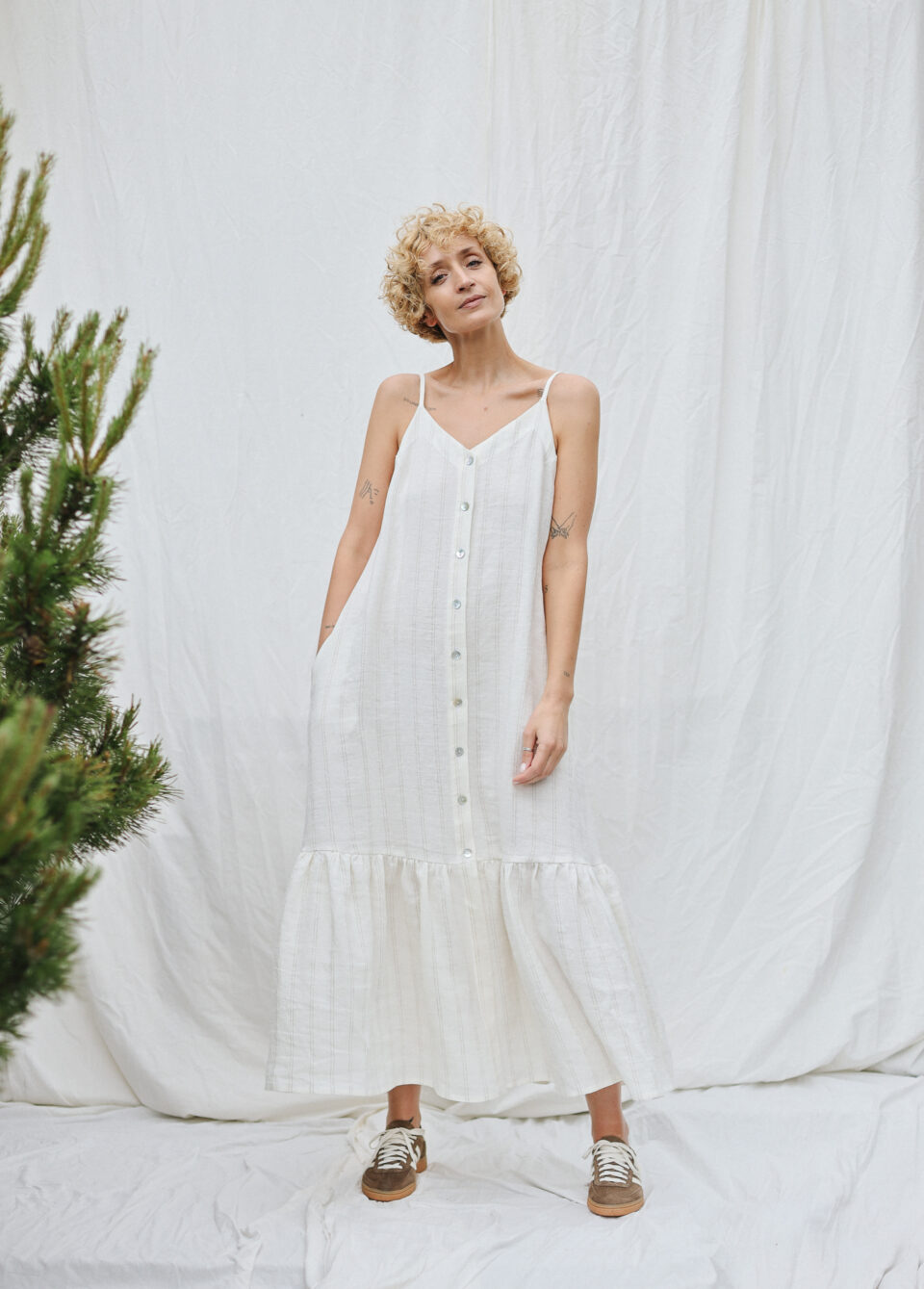 White Striped Adjustable Strap Dress with Ruffled Hem | Dress | Sustainable clothing | OffOn clothing