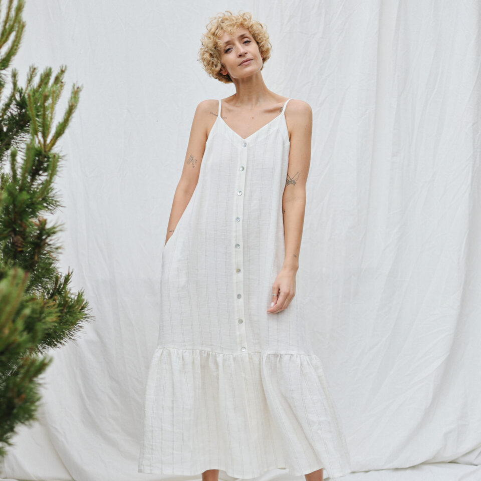White Striped Adjustable Strap Dress with Ruffled Hem | Dress | Sustainable clothing | OffOn clothing