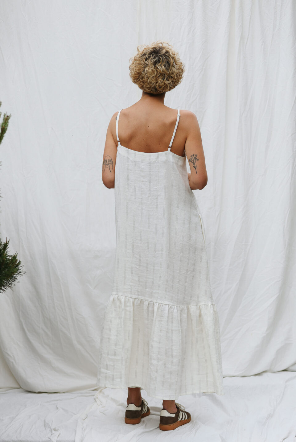 White Striped Adjustable Strap Dress with Ruffled Hem - Image 3