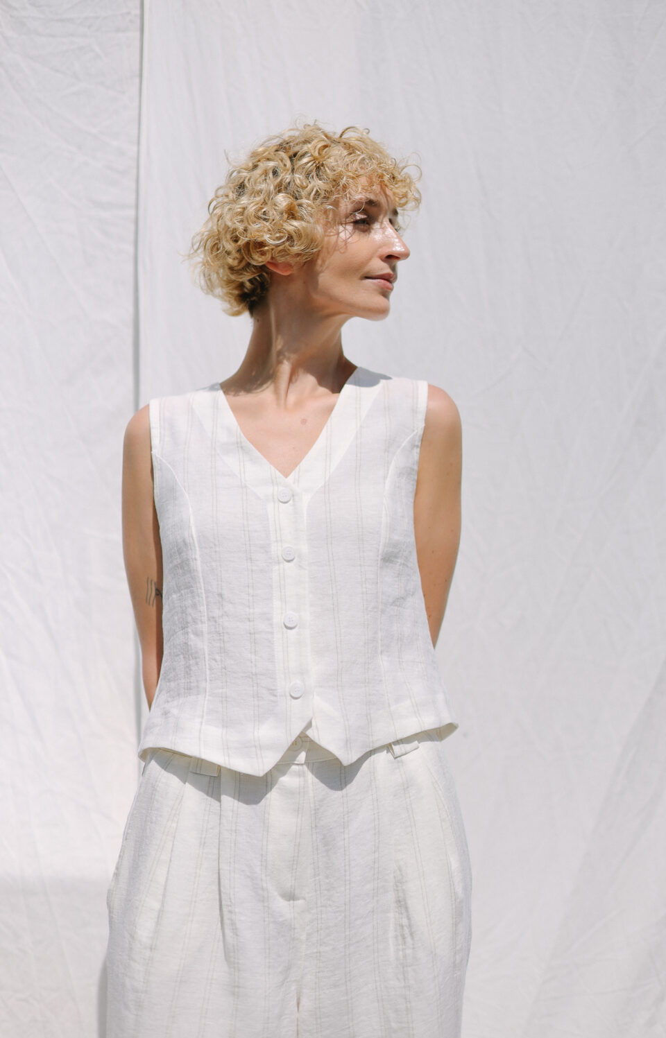 White Striped Linen Waistcoat | Vest | Sustainable clothing | OffOn clothing