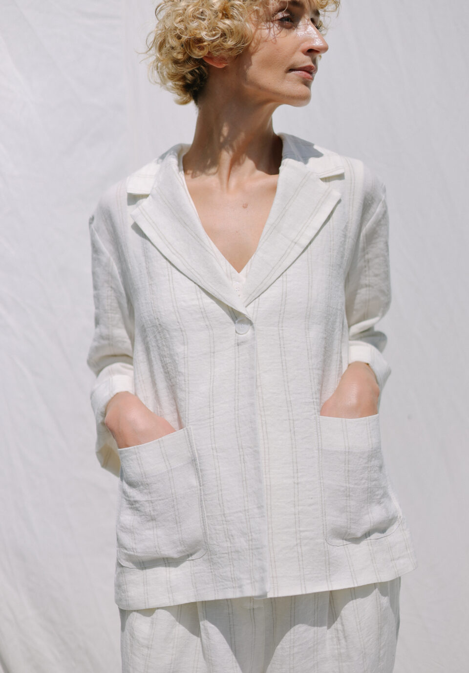 White Striped Linen 3/4 Sleeve Blazer | Jacket | Sustainable clothing | OffOn clothing