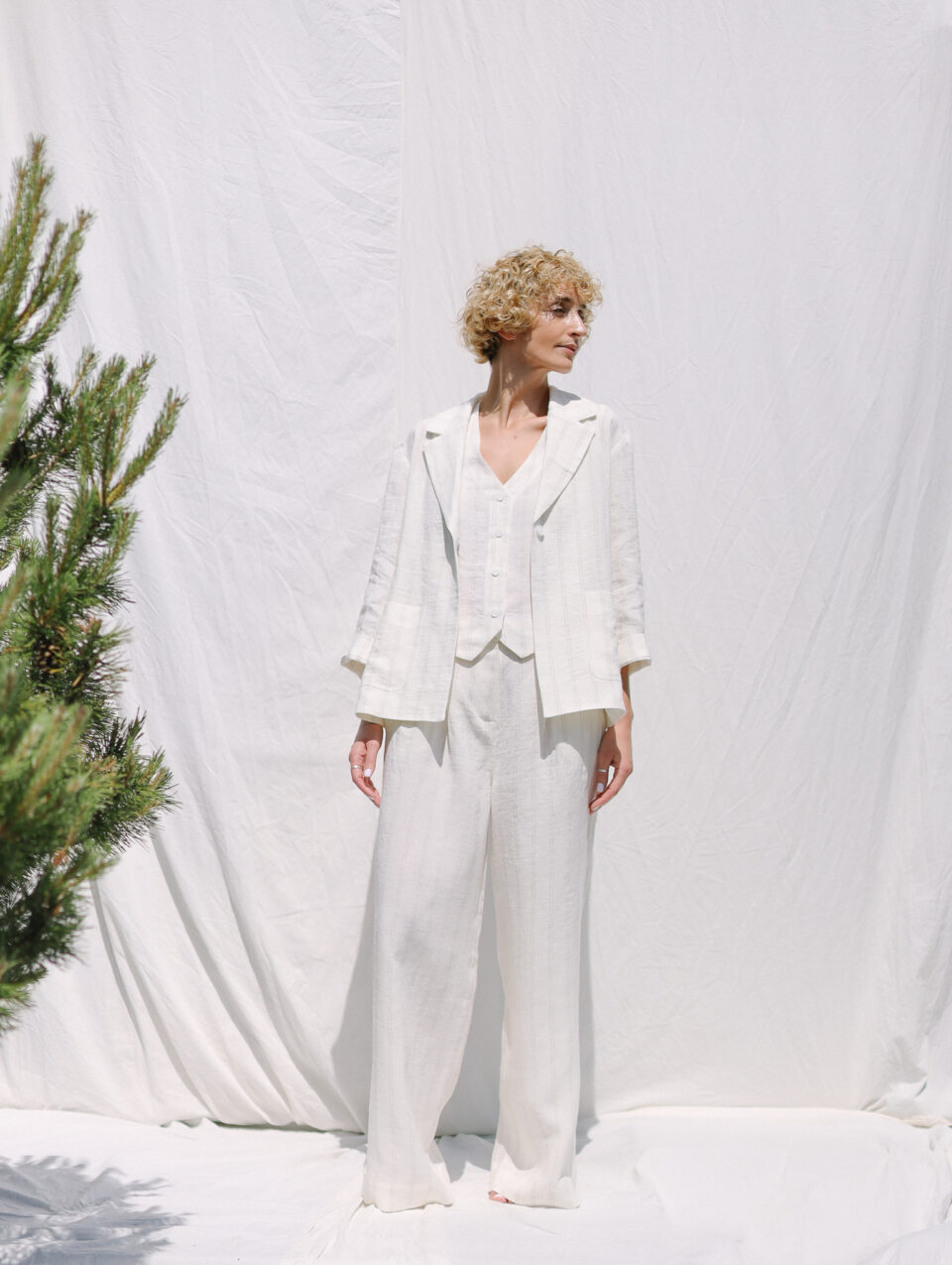 White Striped Linen 3/4 Sleeve Blazer - Image 1