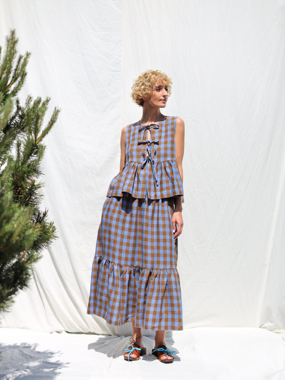 Elastic Waist Ruffled Hem Midi Skirt In Blue Checked Linen - Image 1