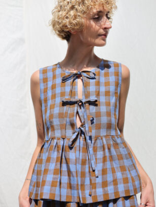 Sleeveless Bluebonnet Checked Linen Top with Ties | Blouse | Sustainable clothing | OffOn clothing
