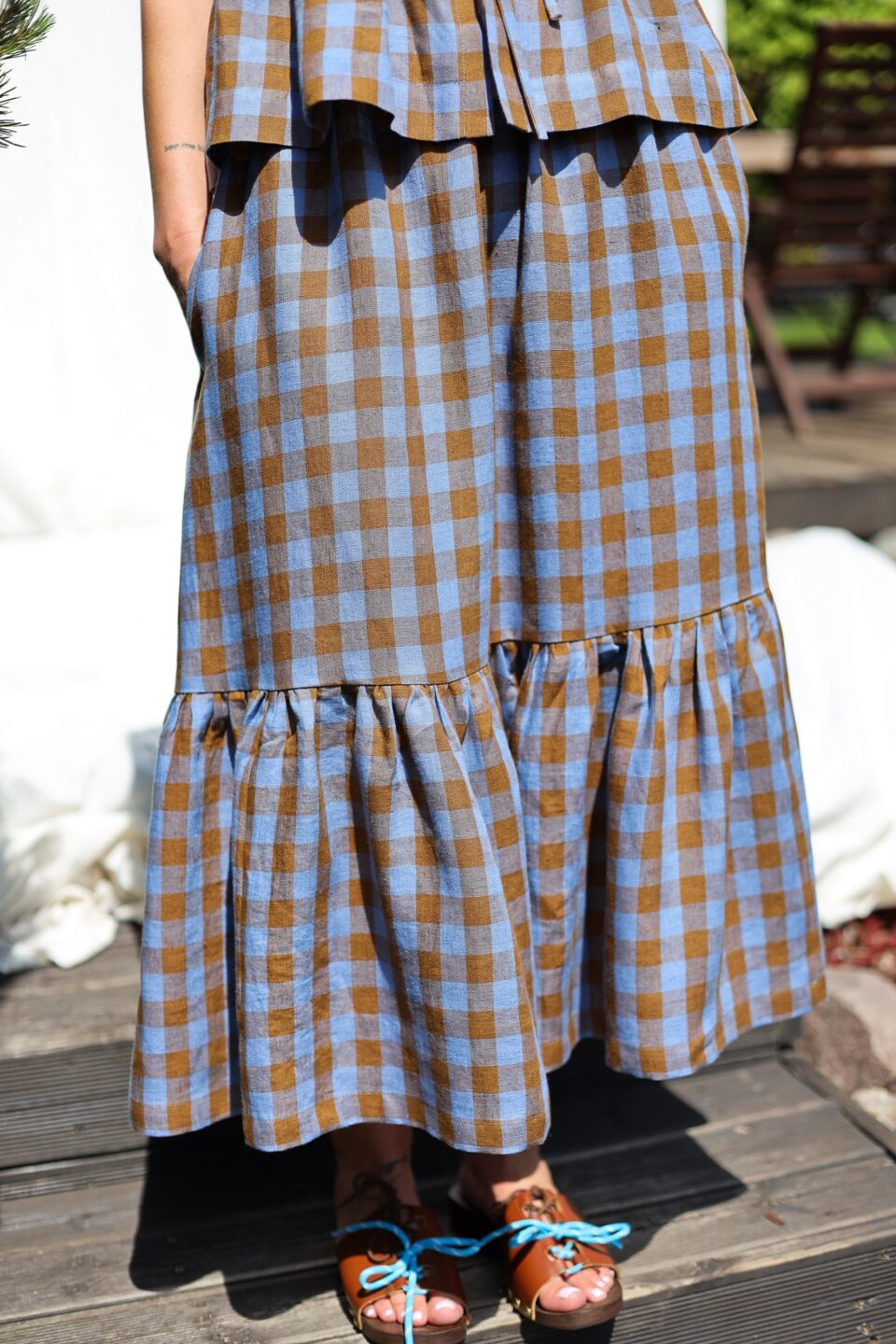 Elastic Waist Ruffled Hem Midi Skirt In Blue Checked Linen | Skirt | Sustainable clothing | OffOn clothing