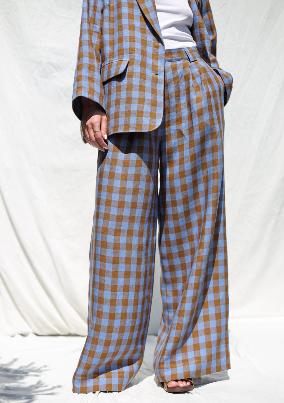 Checkered Linen Wide Leg Palazzo Pants | Trousers | Sustainable clothing | OffOn clothing