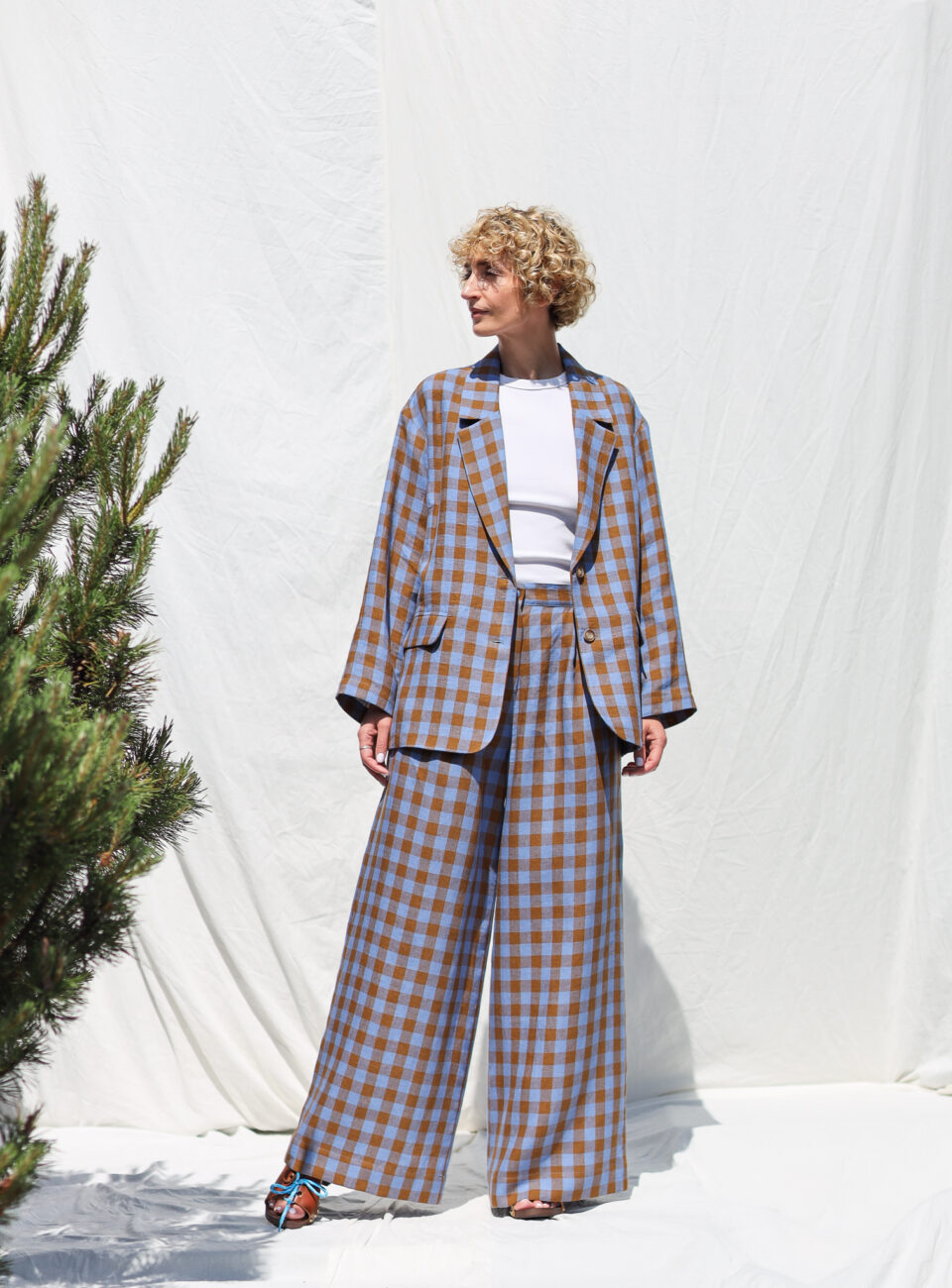 Checkered Linen Wide Leg Palazzo Pants - Image 1