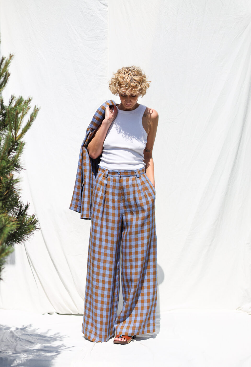 Checkered Linen Wide Leg Palazzo Pants - Image 3
