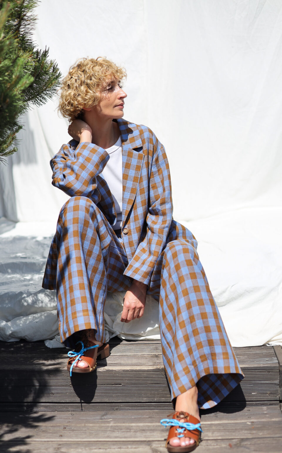 Checkered Linen Wide Leg Palazzo Pants - Image 5