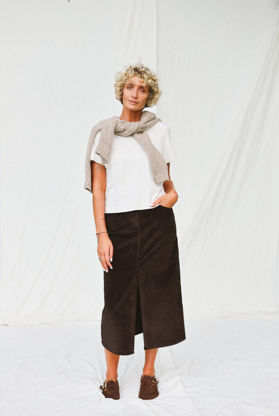 Wide Wale Cord Pencil Skirt in Dark Brown | Skirt | Sustainable clothing | OffOn clothing