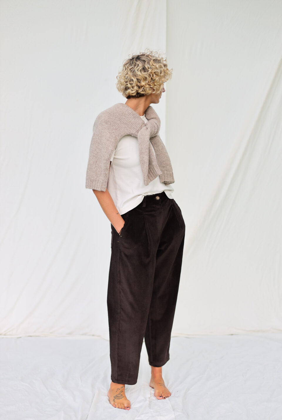 Boxy tapered leg wide wale cord trousers in dark brown - Image 1