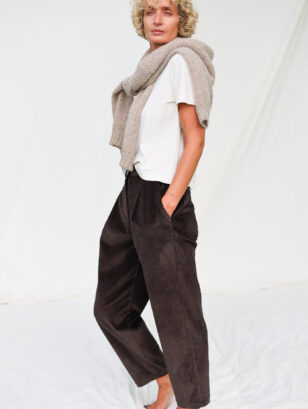 Boxy tapered leg wide wale cord trousers in dark brown | Trousers | Sustainable clothing | OffOn clothing