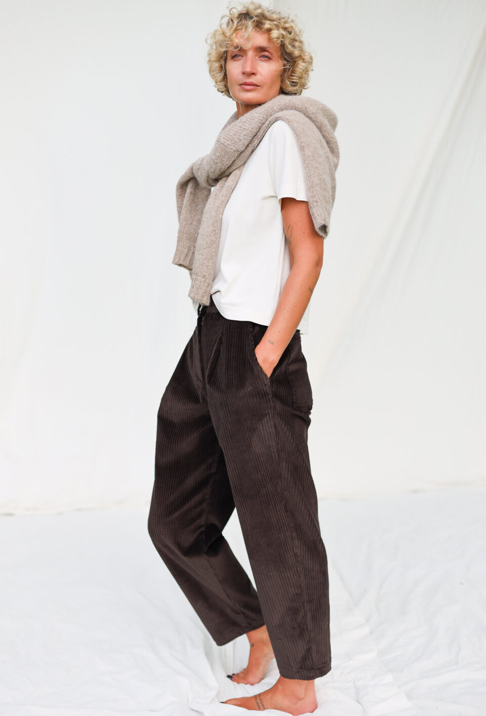Boxy tapered leg wide wale cord trousers in dark brown | Trousers | Sustainable clothing | OffOn clothing