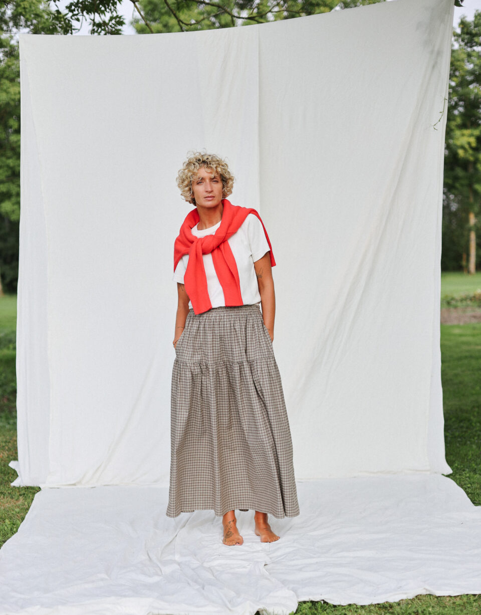Elasticated Waist Long Ruffled Skirt in Plaid Brushed Cotton - Image 1
