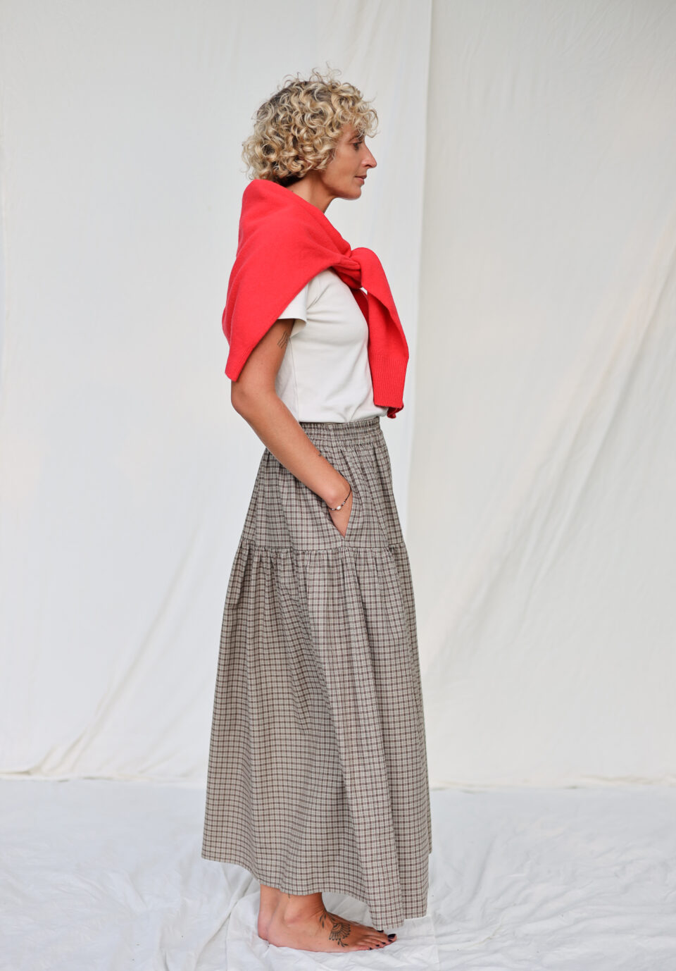 Elasticated Waist Long Ruffled Skirt in Plaid Brushed Cotton - Image 2