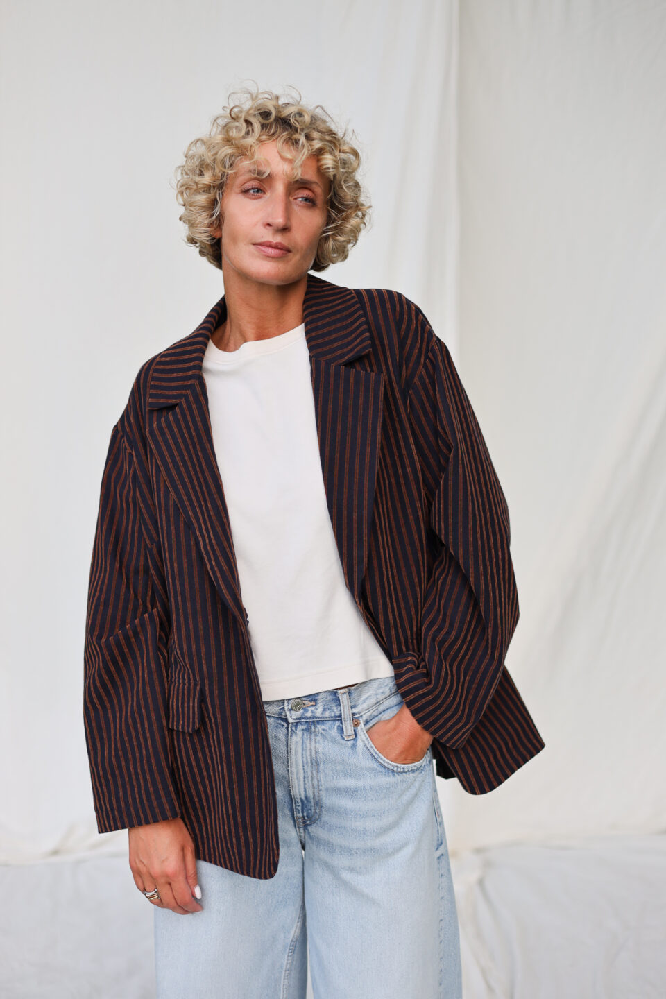 Oversized blazer in navy blue stripes cotton | Jacket | Sustainable clothing | OffOn clothing