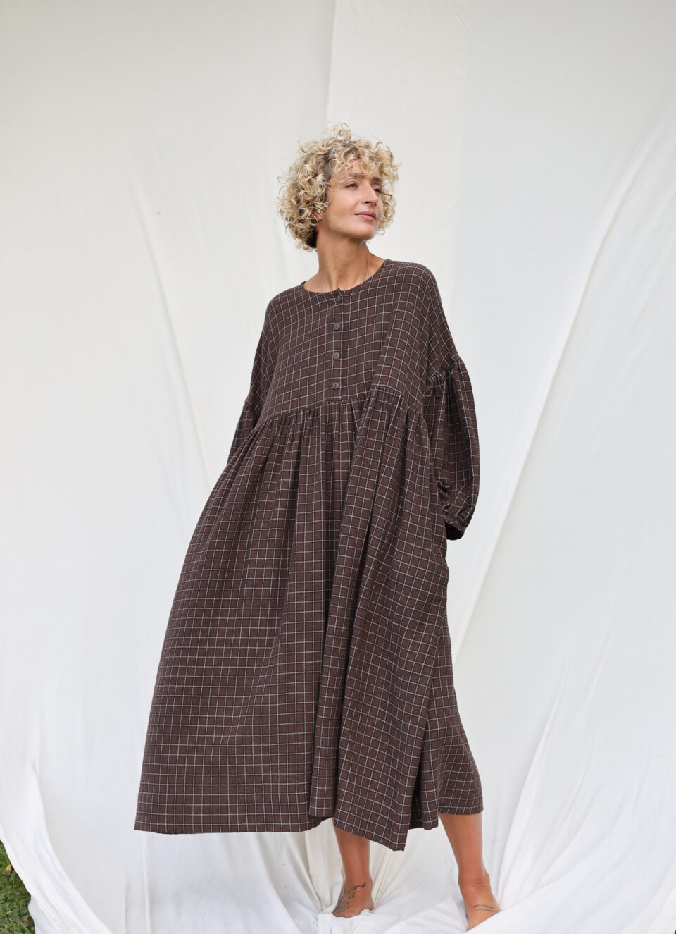 Oversized drop shoulder double gauze dress GRETA in Dark Brown Grid - Image 1