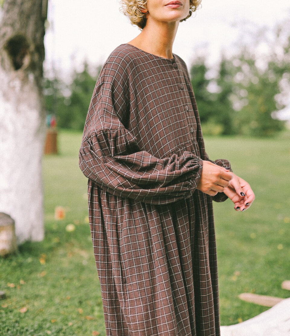 Oversized drop shoulder double gauze dress GRETA in Dark Brown Grid | Dress | Sustainable clothing | OffOn clothing