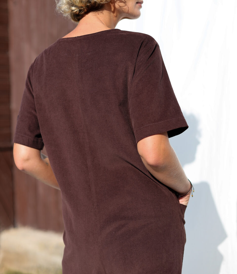 Loose Brown Needlecord V-neck Jumpsuit with Patch Pockets - Image 6