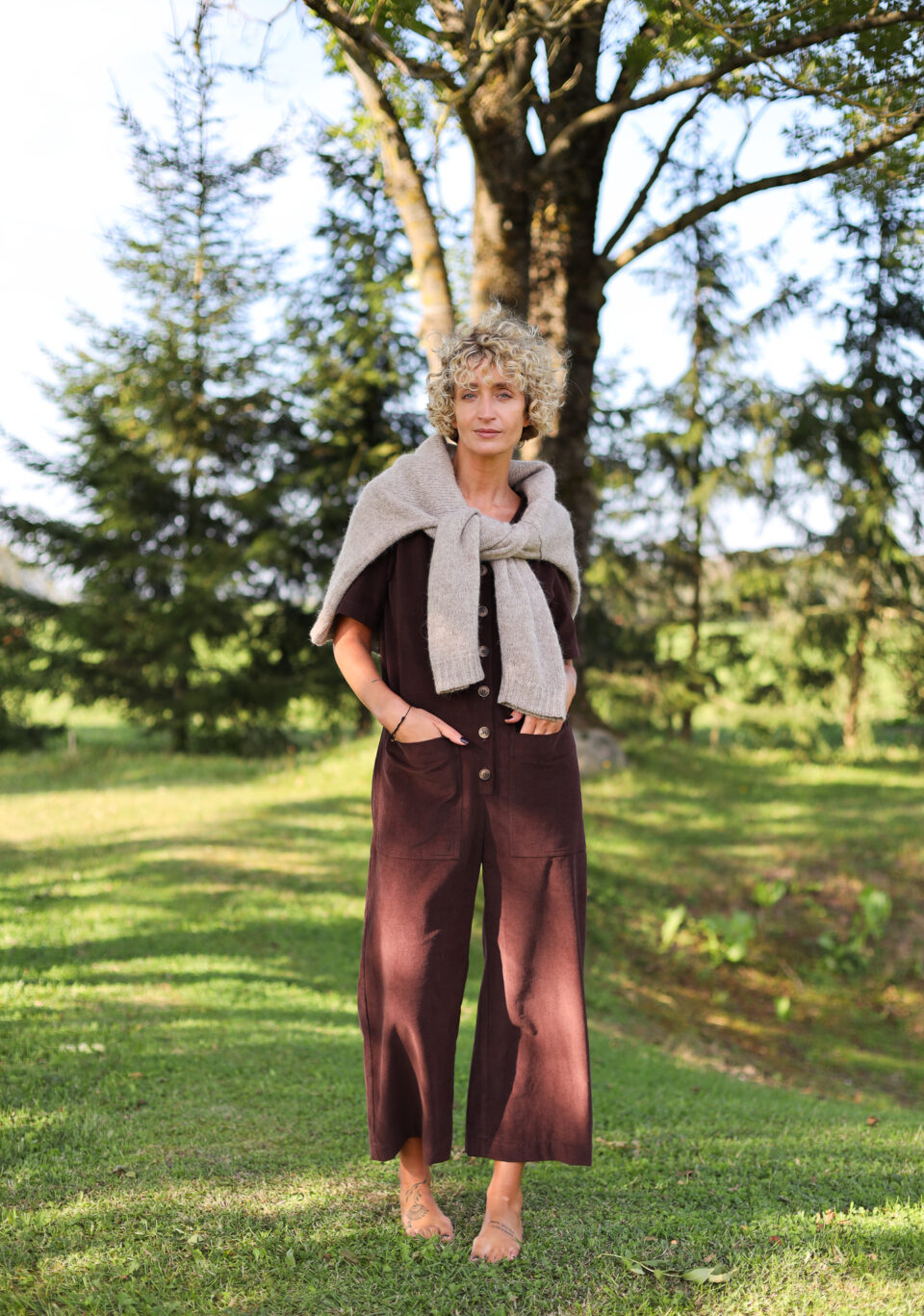 Loose Brown Needlecord V-neck Jumpsuit with Patch Pockets - Image 1