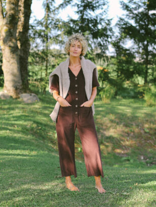 Loose Brown Needlecord V-neck Jumpsuit with Patch Pockets | Jumpsuit | Sustainable clothing | OffOn clothing