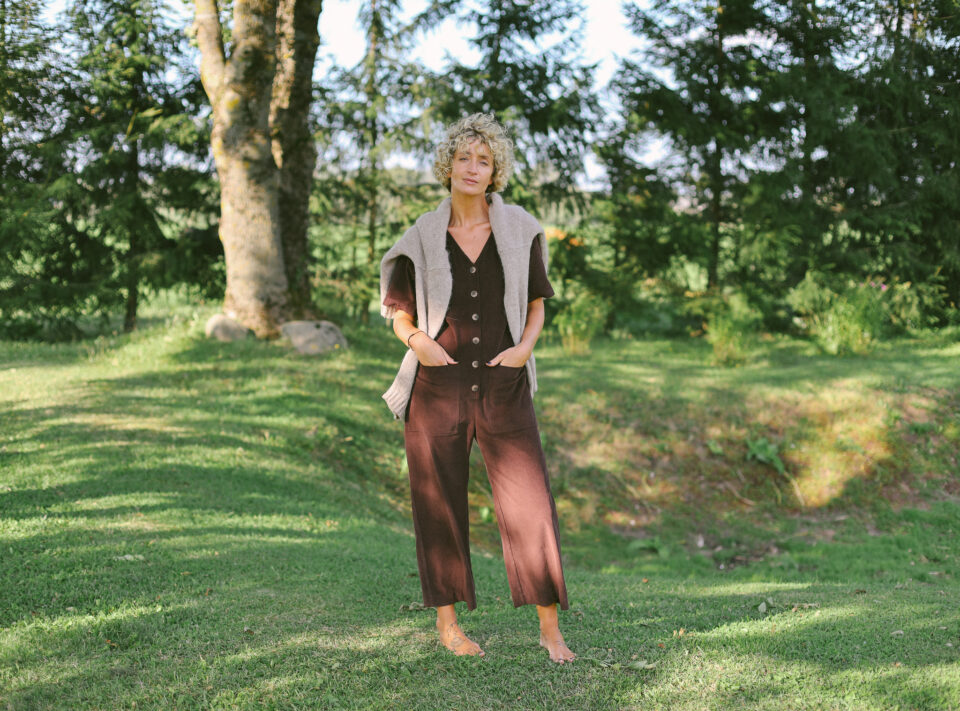 Loose Brown Needlecord V-neck Jumpsuit with Patch Pockets | Jumpsuit | Sustainable clothing | OffOn clothing