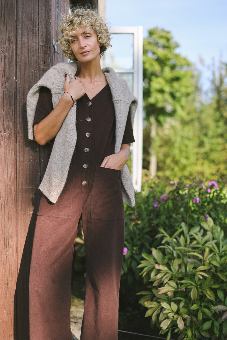 Loose Brown Needlecord V-neck Jumpsuit with Patch Pockets - Image 2