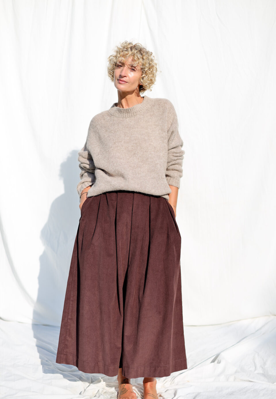 Dark Brown Needlecord Pleated Skirt | Skirt | Sustainable clothing | OffOn clothing
