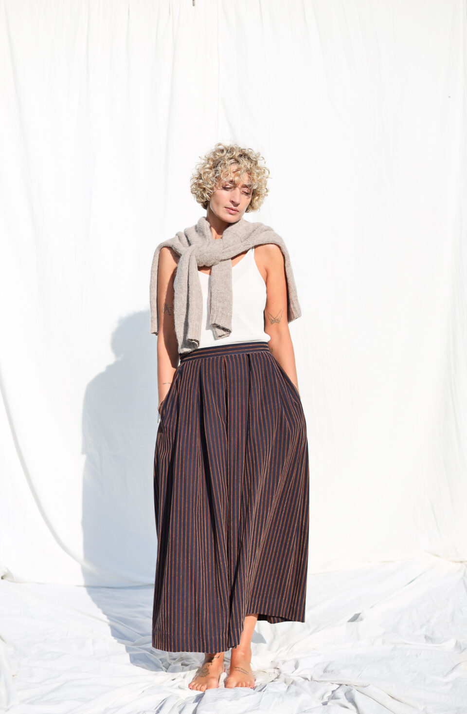 Navy Blue Pleated Skirt in Velvety Striped Cotton - Image 1