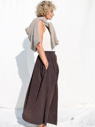 Navy Blue Pleated Skirt in Velvety Striped Cotton