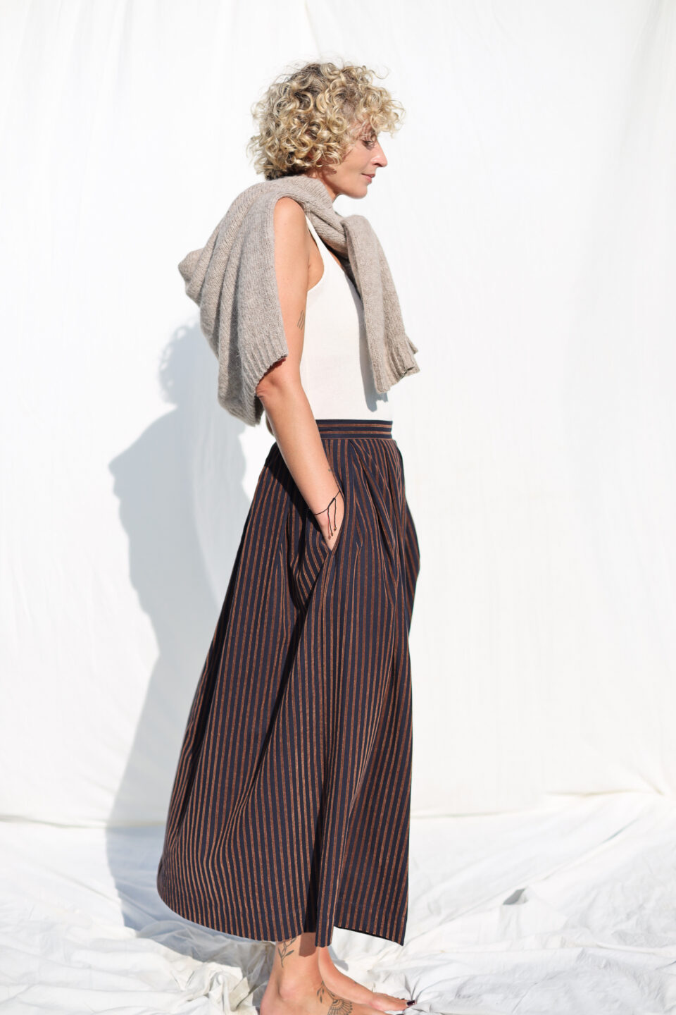 Navy Blue Pleated Skirt in Velvety Striped Cotton - Image 2
