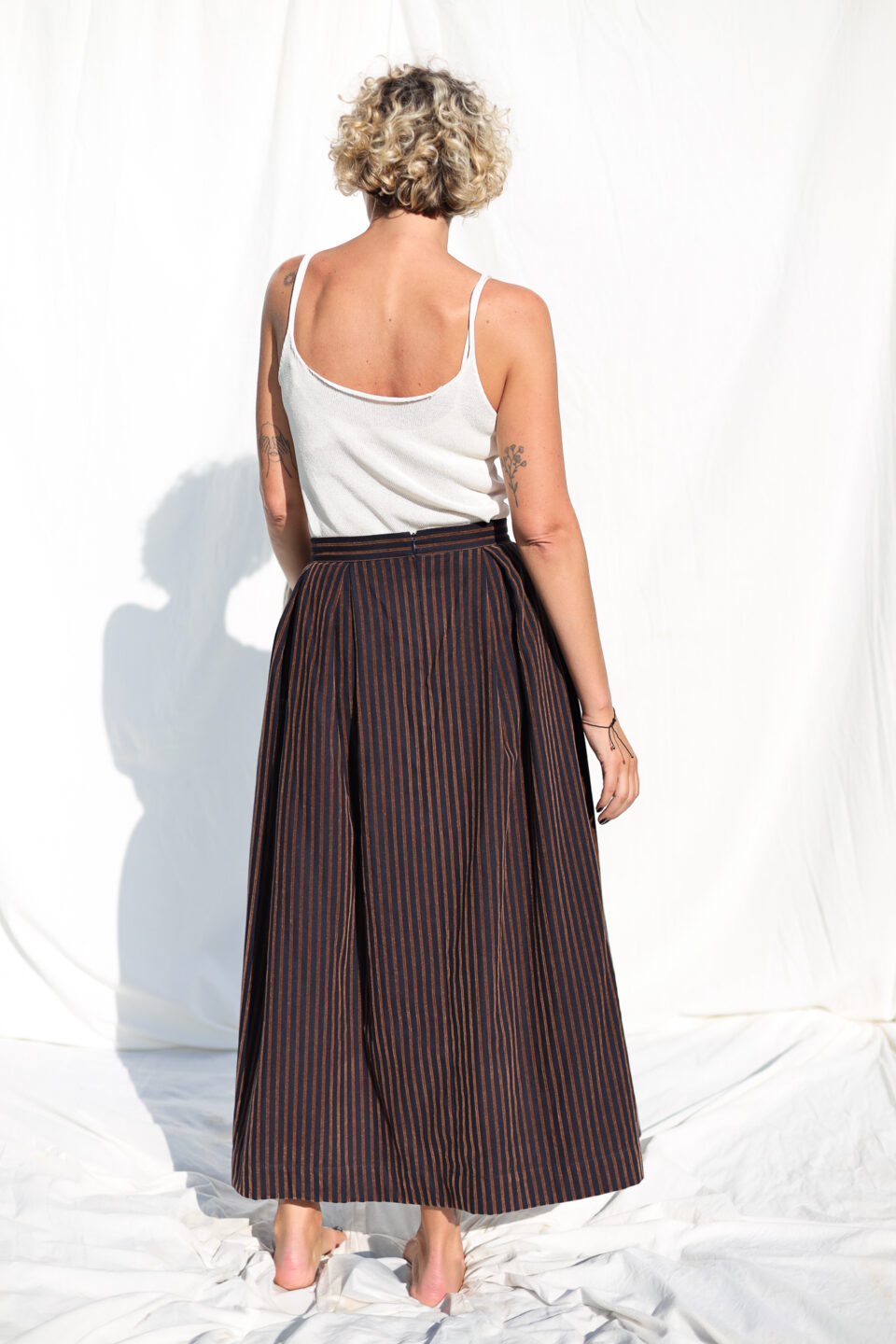 Navy Blue Pleated Skirt in Velvety Striped Cotton - Image 4