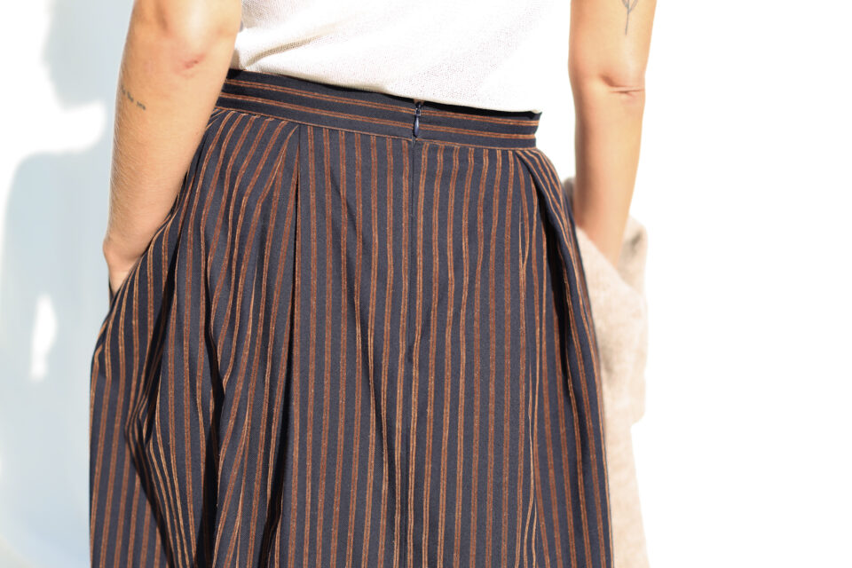 Navy Blue Pleated Skirt in Velvety Striped Cotton - Image 5