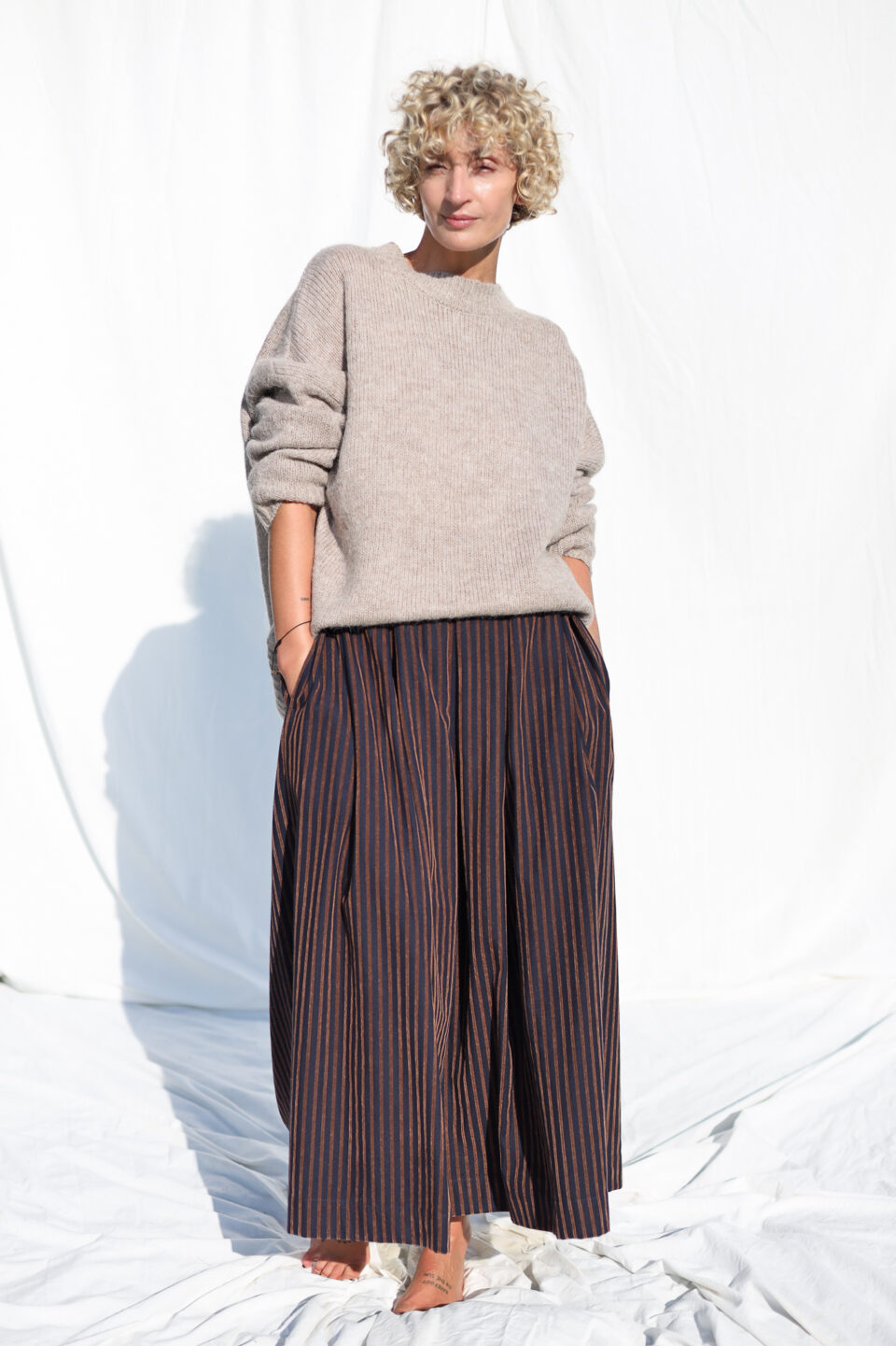 Navy Blue Pleated Skirt in Velvety Striped Cotton - Image 6