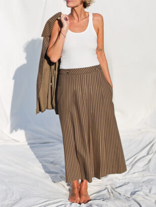 Front pleated wrap skirt in khaki striped skirt | Skirt | Sustainable clothing | OffOn clothing