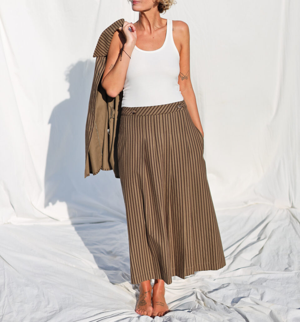 Front pleated wrap skirt in khaki striped skirt | Skirt | Sustainable clothing | OffOn clothing