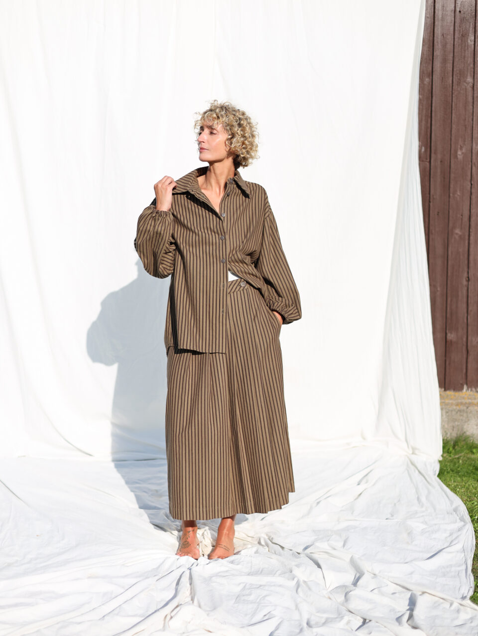 Oversized Long Sleeve Shirt In Khaki Stripes ELIAN - Image 1