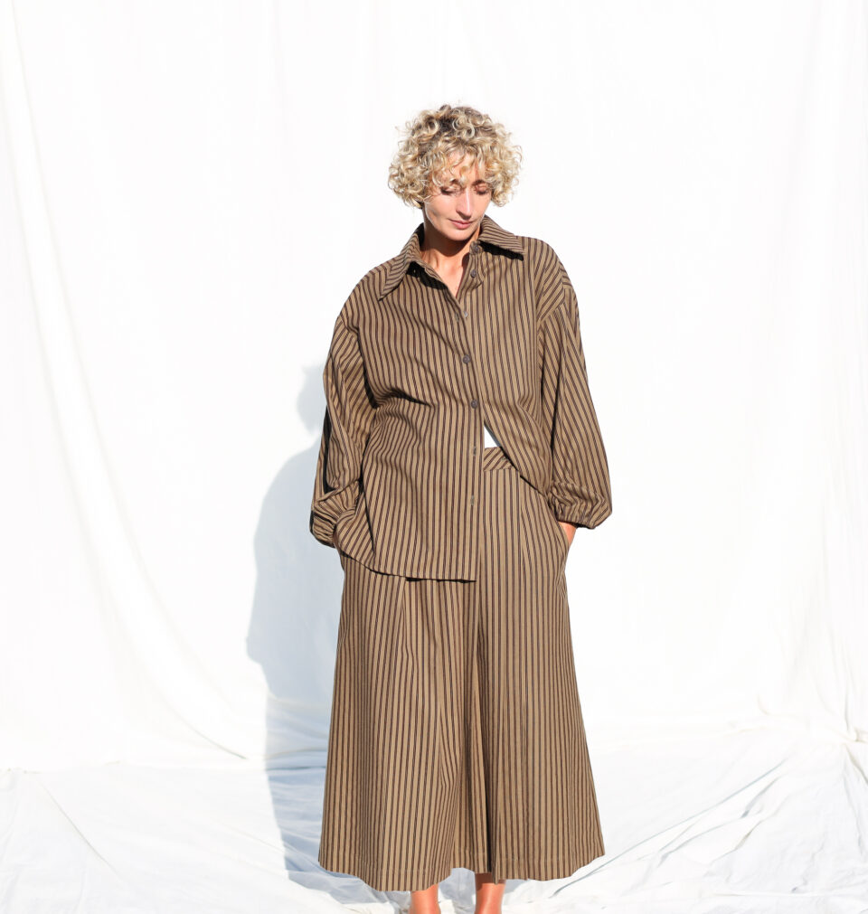 Oversized Long Sleeve Shirt In Khaki Stripes ELIAN - Image 2