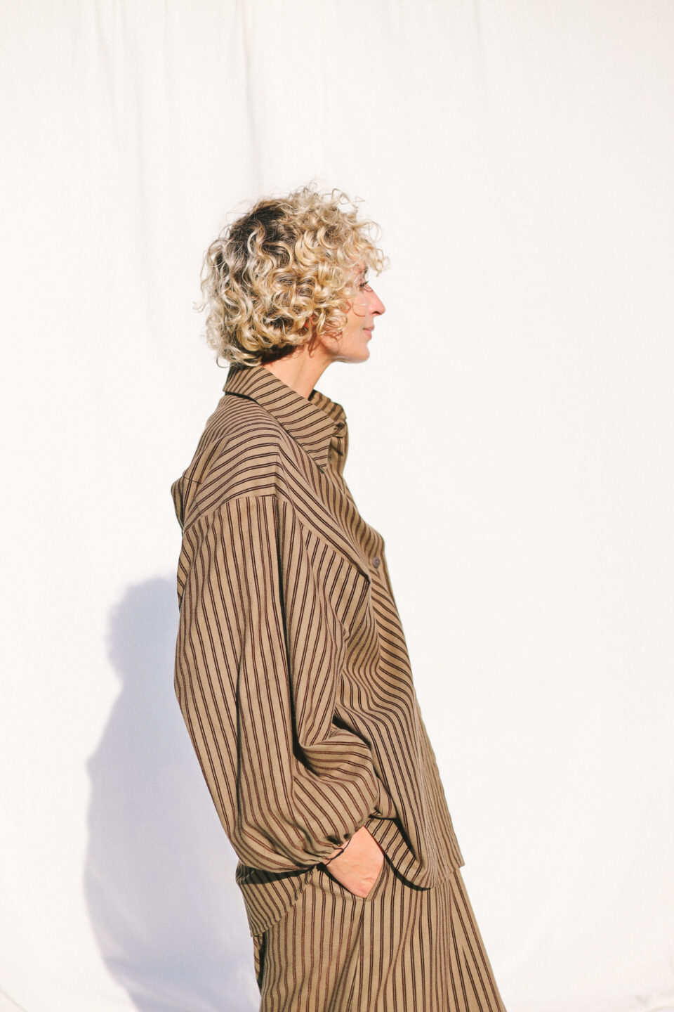 Oversized Long Sleeve Shirt In Khaki Stripes ELIAN | Shirts | Sustainable clothing | OffOn clothing