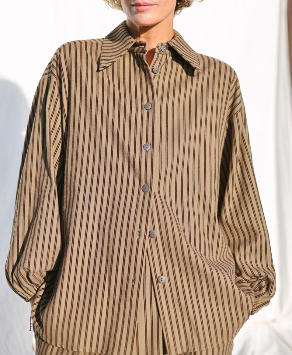 Oversized Long Sleeve Shirt In Khaki Stripes ELIAN - Image 4