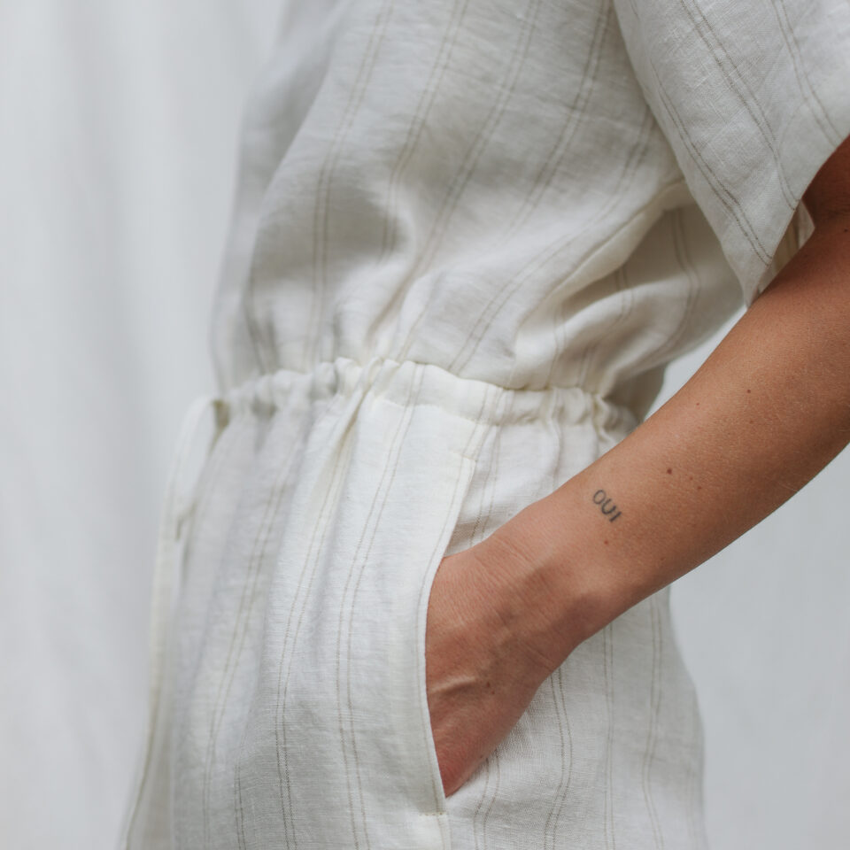 Linen V-neck Wide Legs Jumpsuit with Drawstring In Off-white Natural Stripe