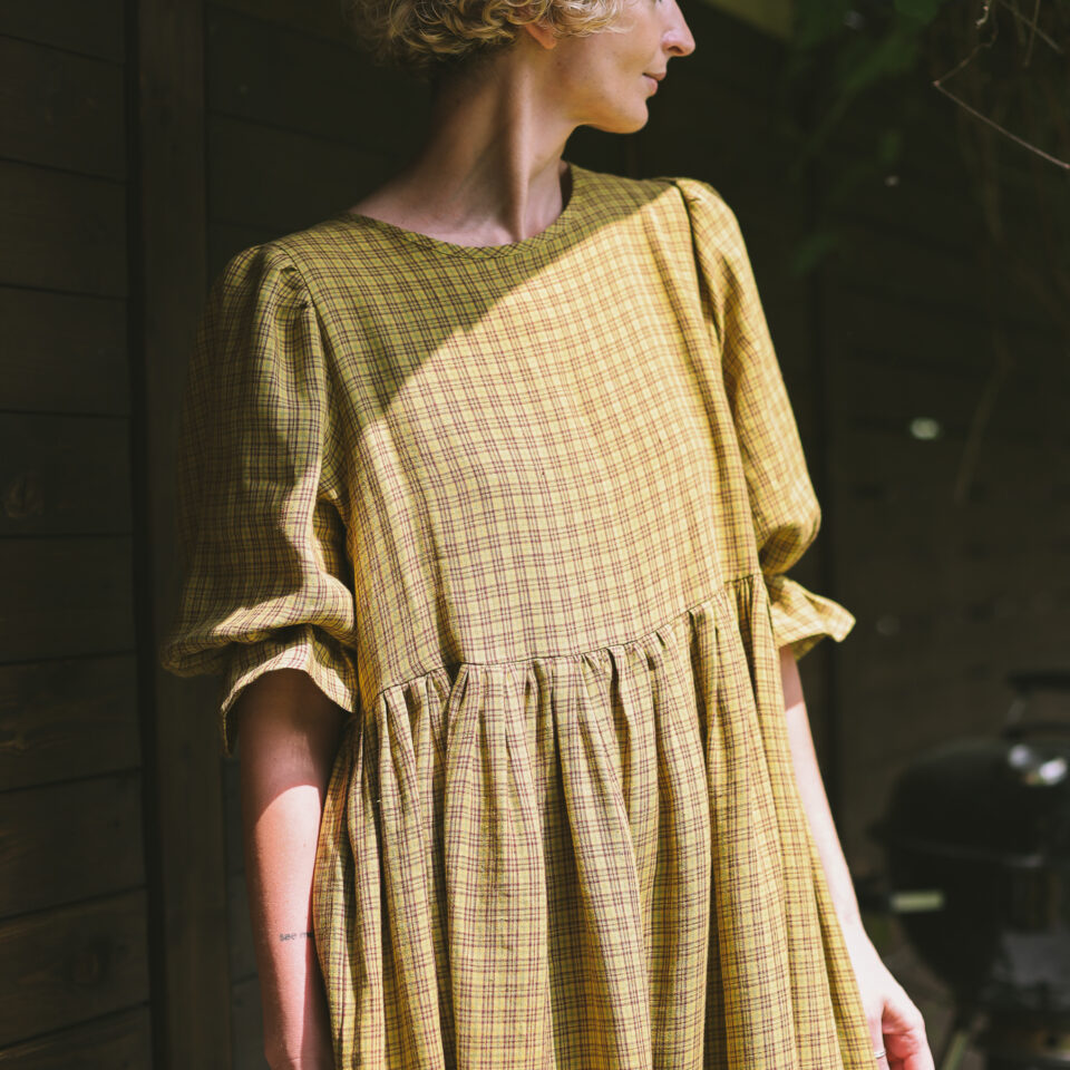 Puffy sleeves oversized checkered linen dress NINA | Dress | Sustainable clothing | OffOn clothing