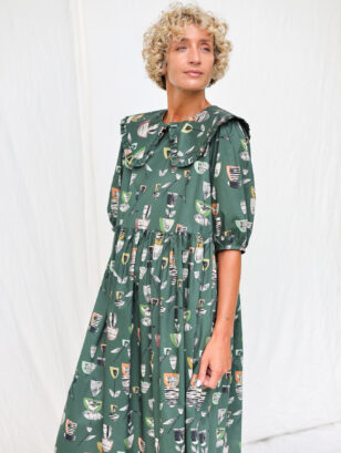 Loose Puritan Collar Puffy Sleeves Dress in GREEN JOSIE abstract print | Dress | Sustainable clothing | OffOn clothing