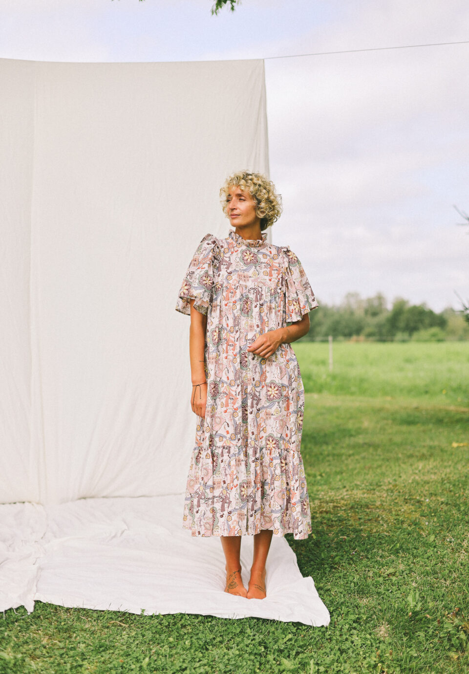 Ruffled Neck A-line Tiered Dress In Silky Tana Lawn Cotton - Image 6