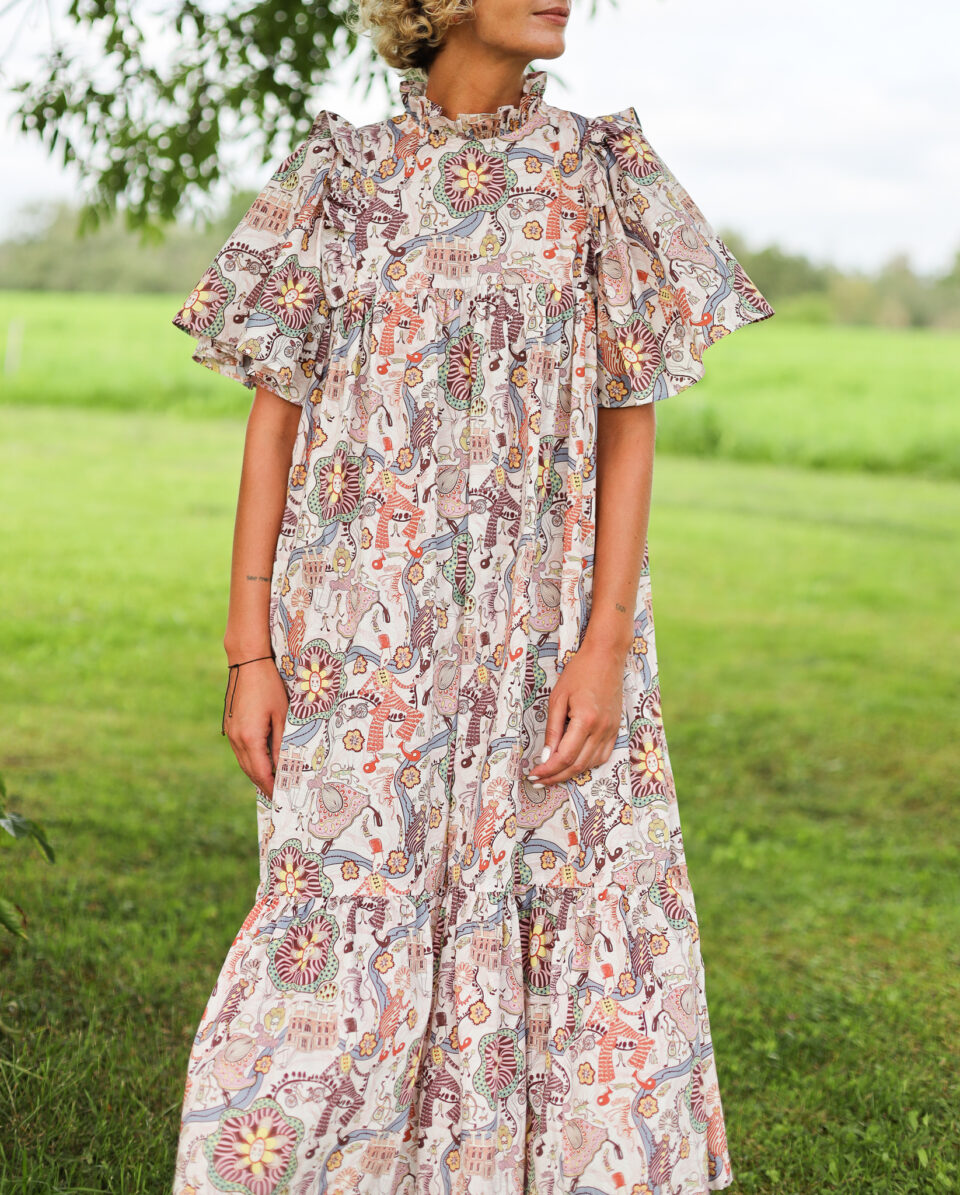 Ruffled Neck A-line Tiered Dress In Silky Tana Lawn Cotton | Dress | Sustainable clothing | OffOn clothing